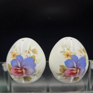 VTG Sandford Bone China Salt & Pepper Shakers Pansy Violets England 2" Egg-shape